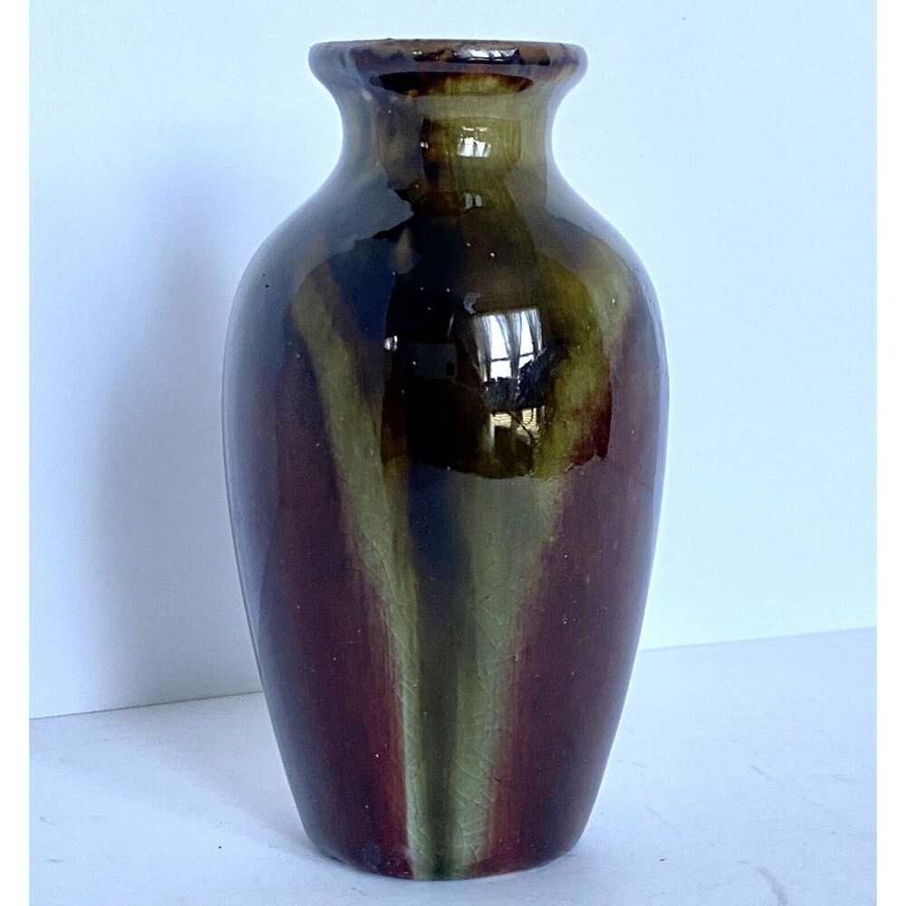 Studio Art Pottery Flower Vase Moss Green Wine Red Brown Crackle Glaze 5.75”